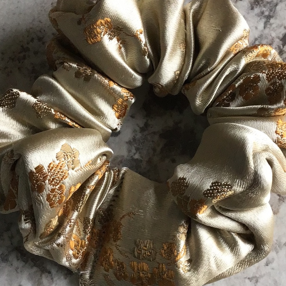 Gold satin embroidered Asian inspired scrunchie